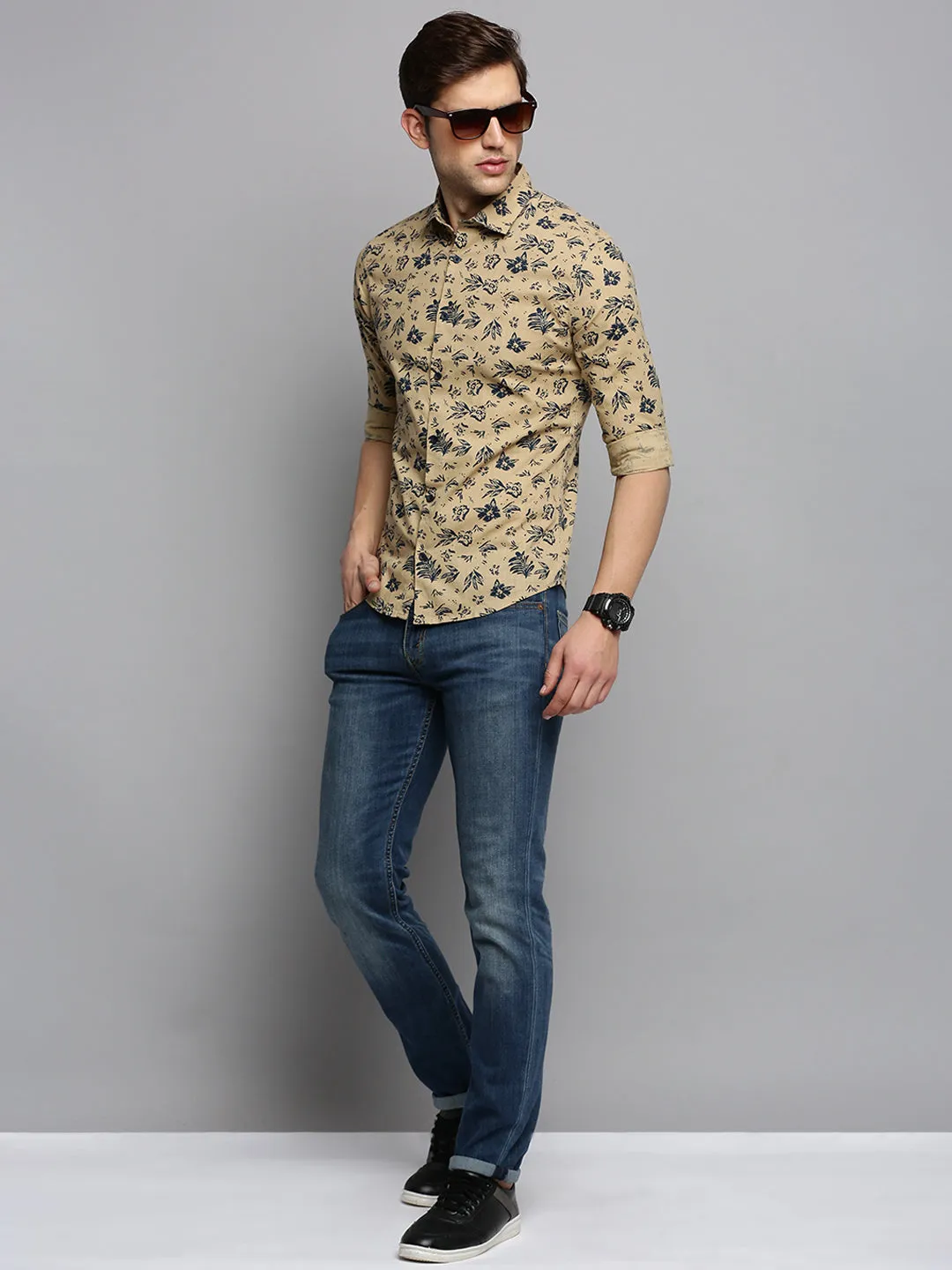 Men Khaki Printed Casual Shirt