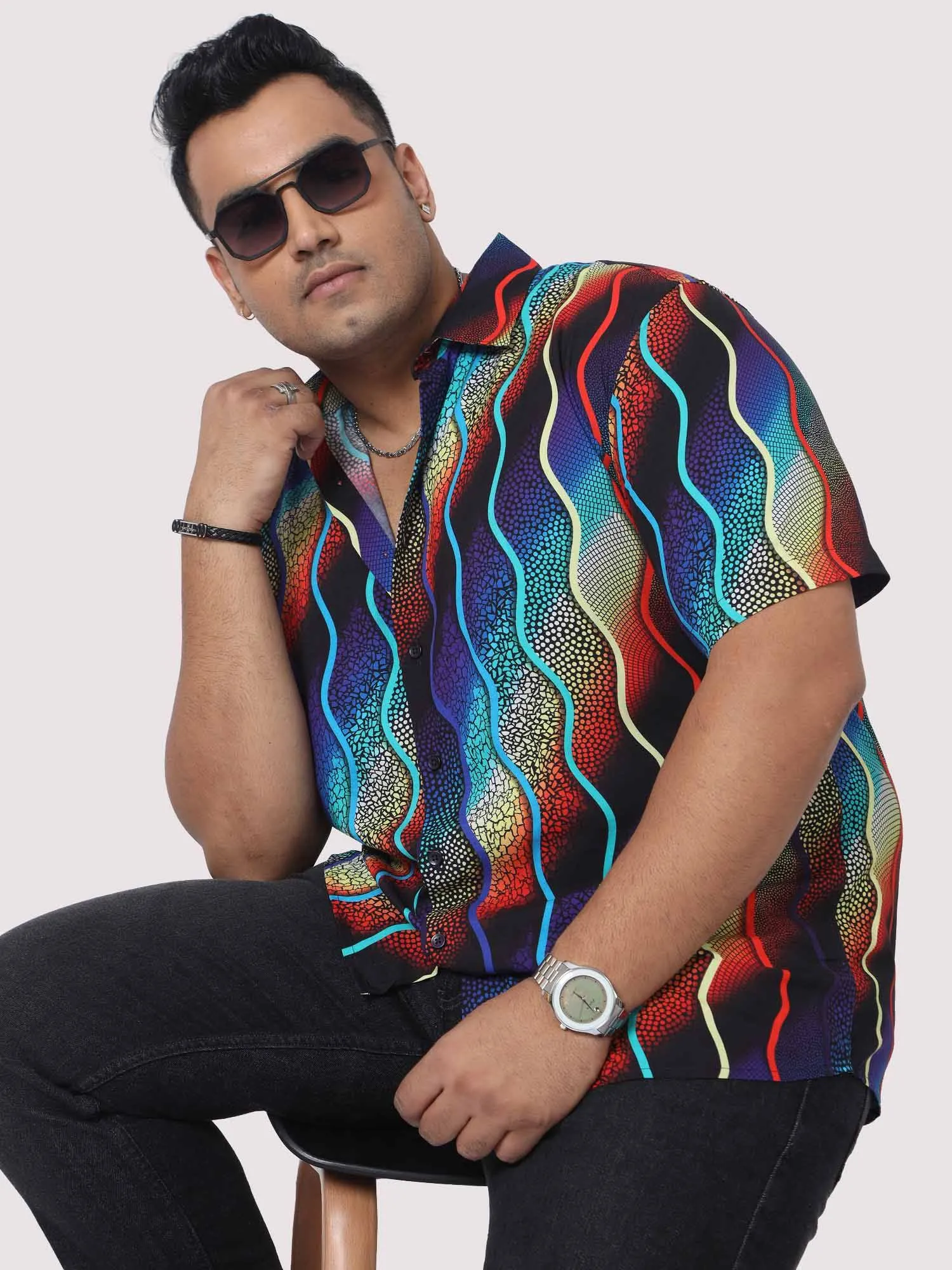 Men Plus Size Wavy mosaic art Digital Printed Half Shirt