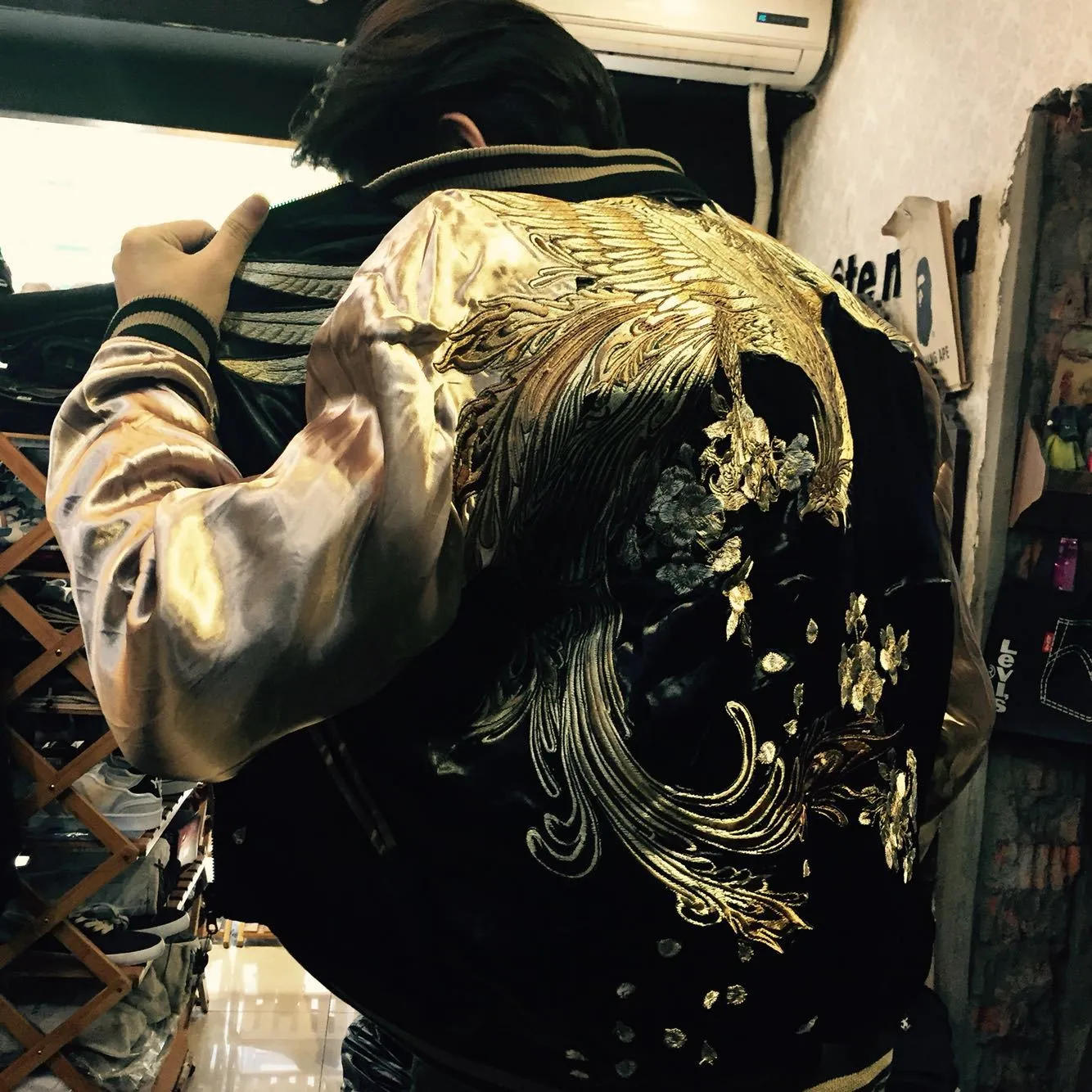 Men's Black Satin Bomber Jacket - Floral and Gold Embroidery