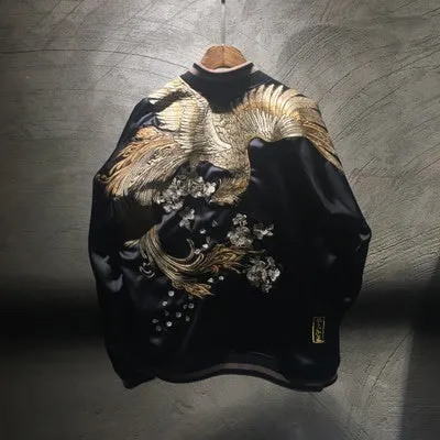 Men's Black Satin Bomber Jacket - Floral and Gold Embroidery