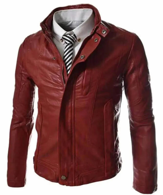 Men’s Casual Slim Fit Snap Tab Collar Red Faux Leather Jacket