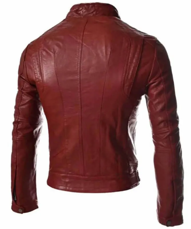 Men’s Casual Slim Fit Snap Tab Collar Red Faux Leather Jacket