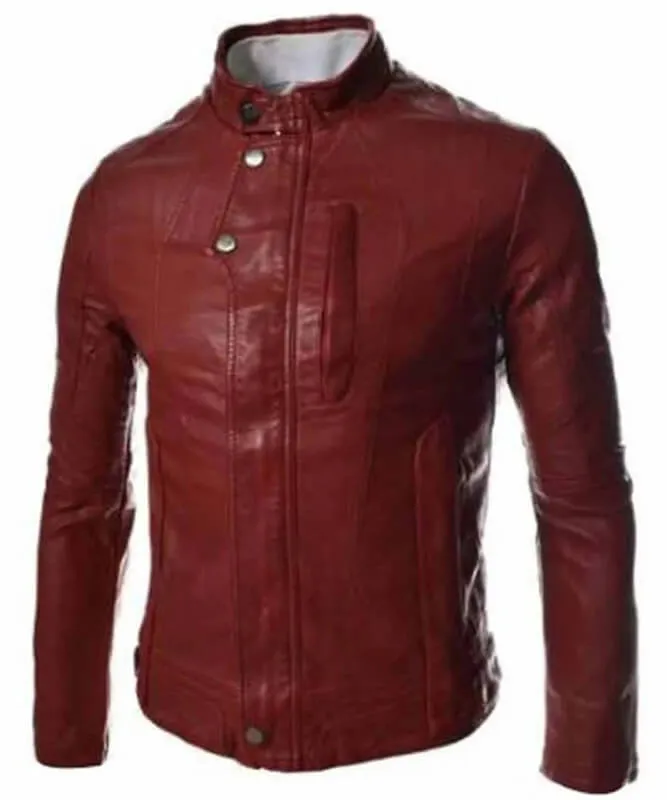 Men’s Casual Slim Fit Snap Tab Collar Red Faux Leather Jacket