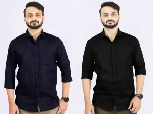 Men's Cotton Black Navy Blue Shirt Combo