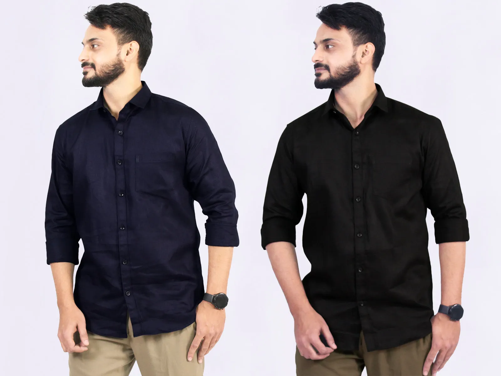 Men's Cotton Black Navy Blue Shirt Combo