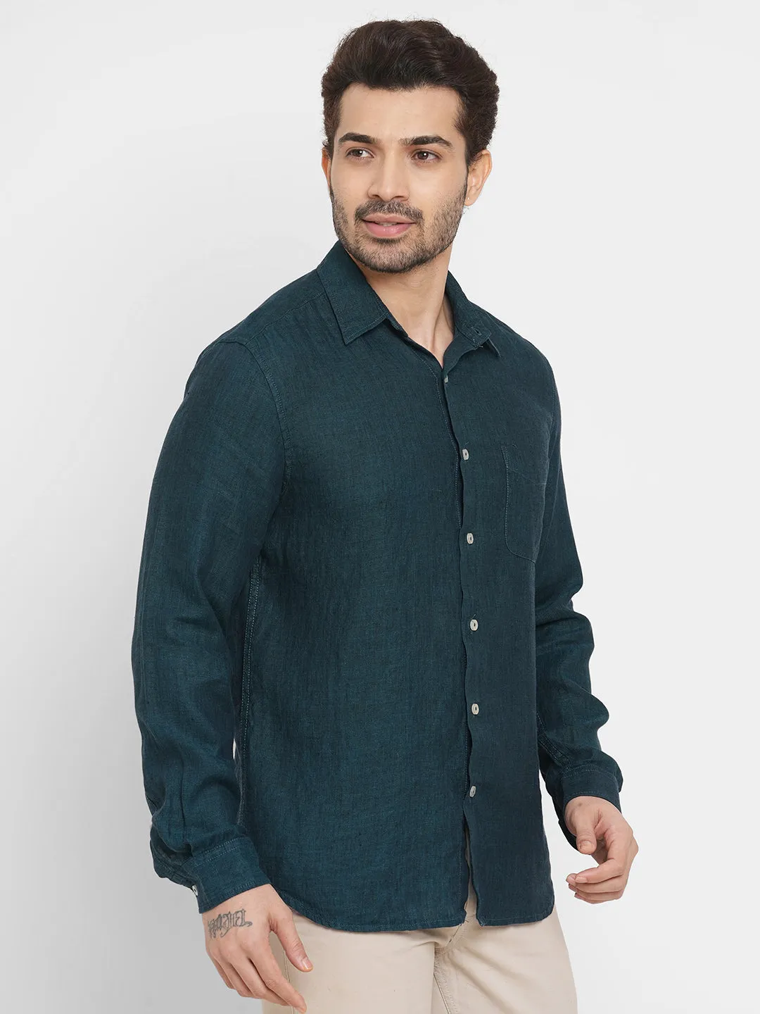 Men's Dark Green 100% Linen Regular Fit Long Sleeved Shirt