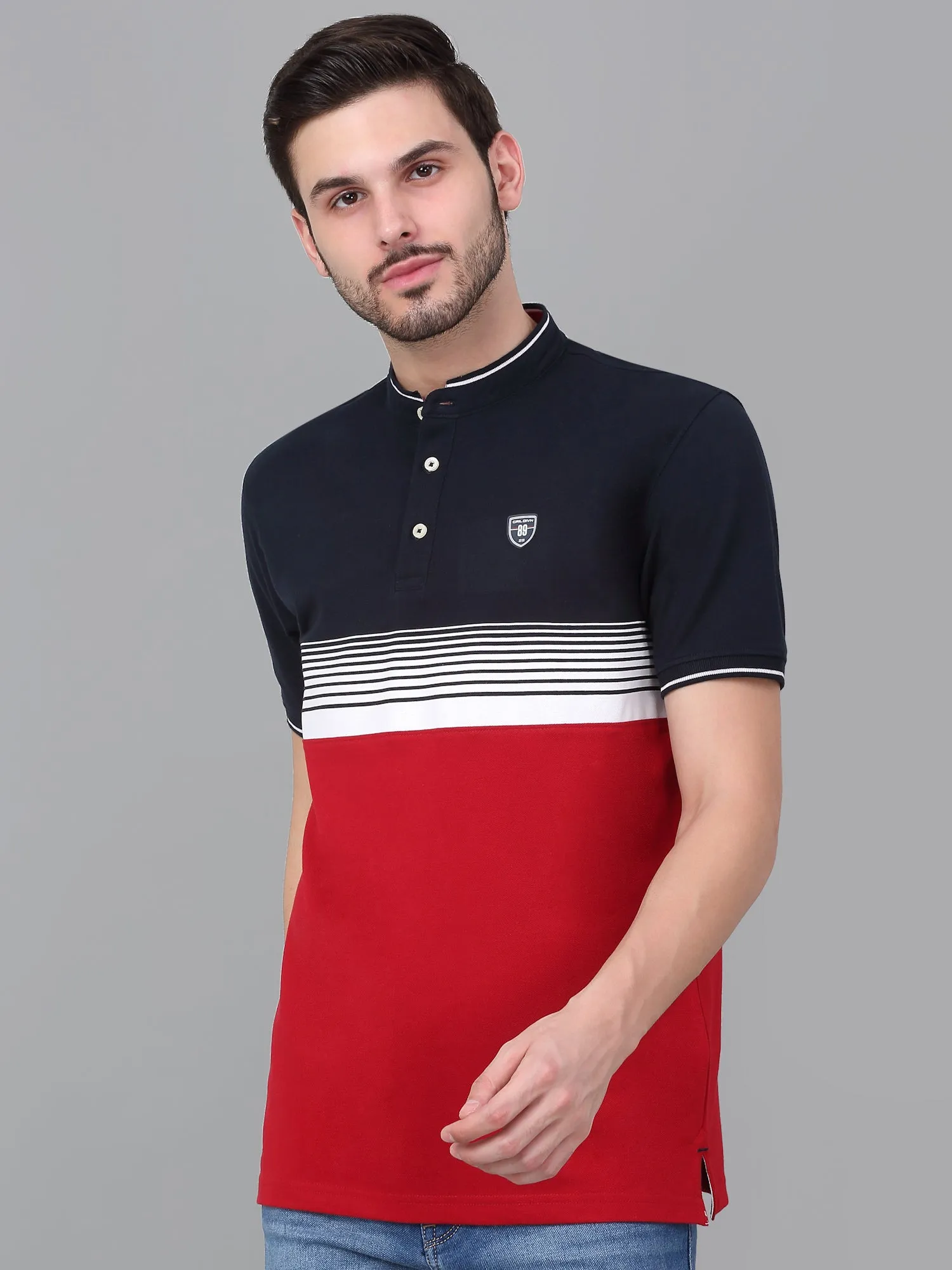 Men's Red Striped Mandarin Collar T-shirt