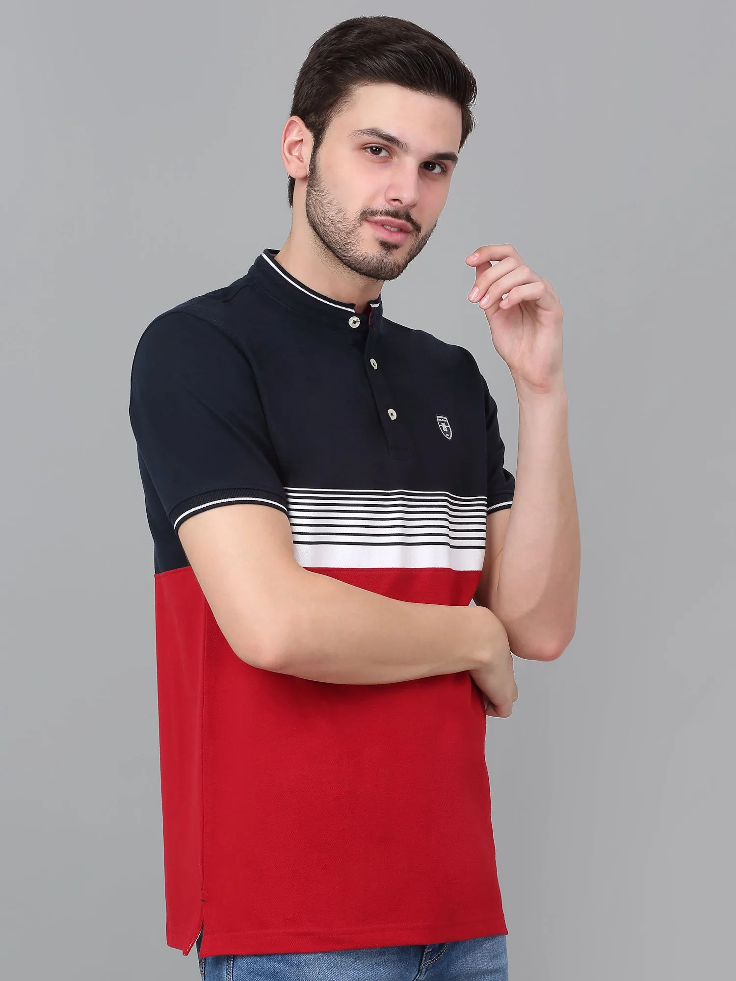 Men's Red Striped Mandarin Collar T-shirt