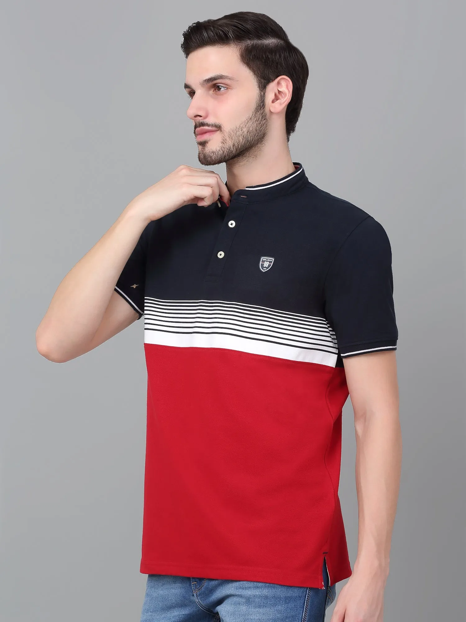 Men's Red Striped Mandarin Collar T-shirt