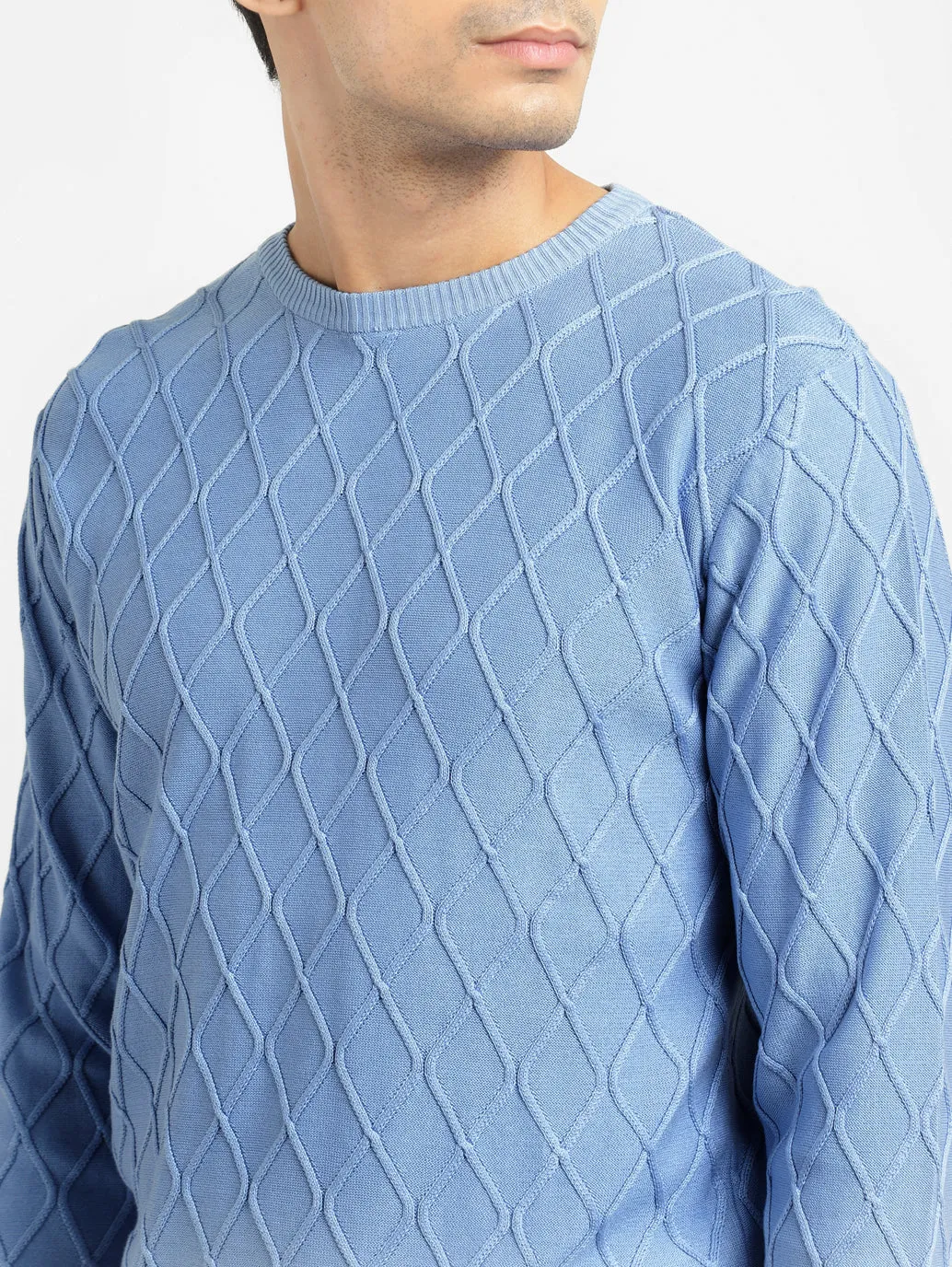 Men's Self Design Blue Crew Neck Sweater