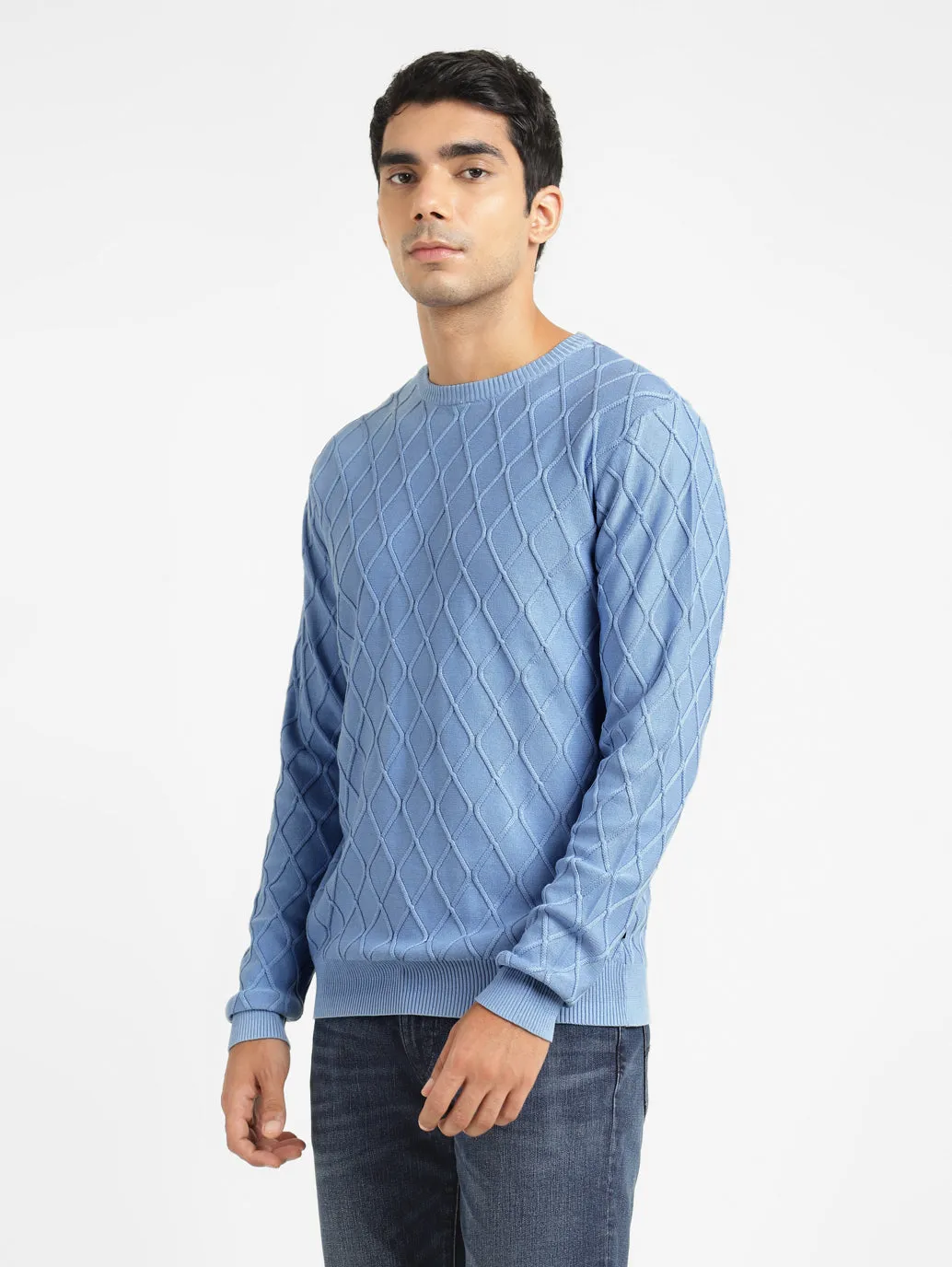 Men's Self Design Blue Crew Neck Sweater