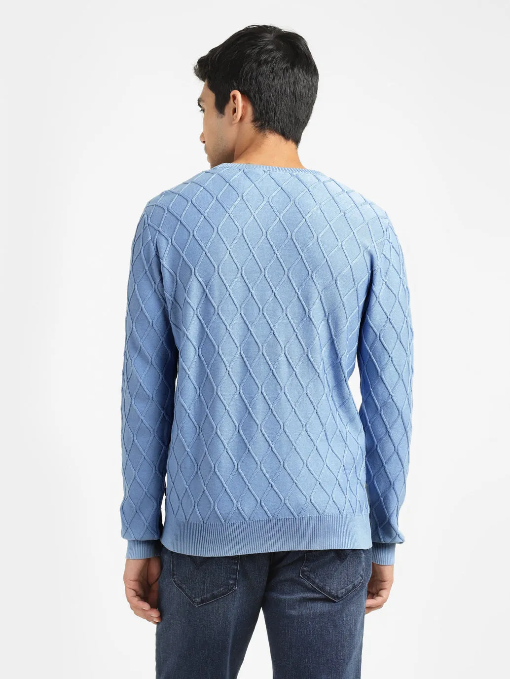 Men's Self Design Blue Crew Neck Sweater