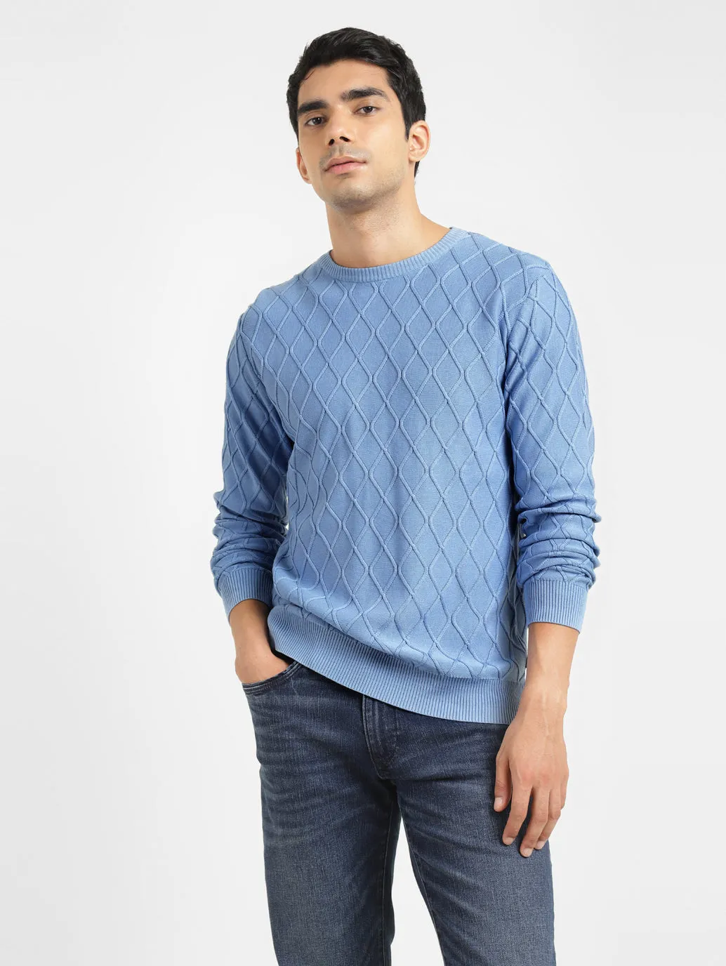 Men's Self Design Blue Crew Neck Sweater