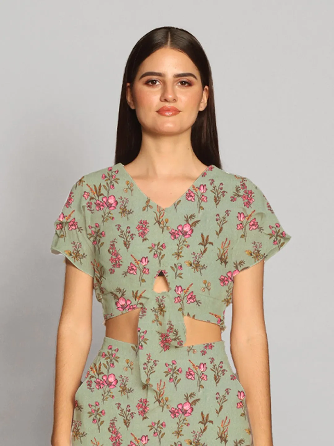 Mint Green Floral Print Tie-Up Crop Top