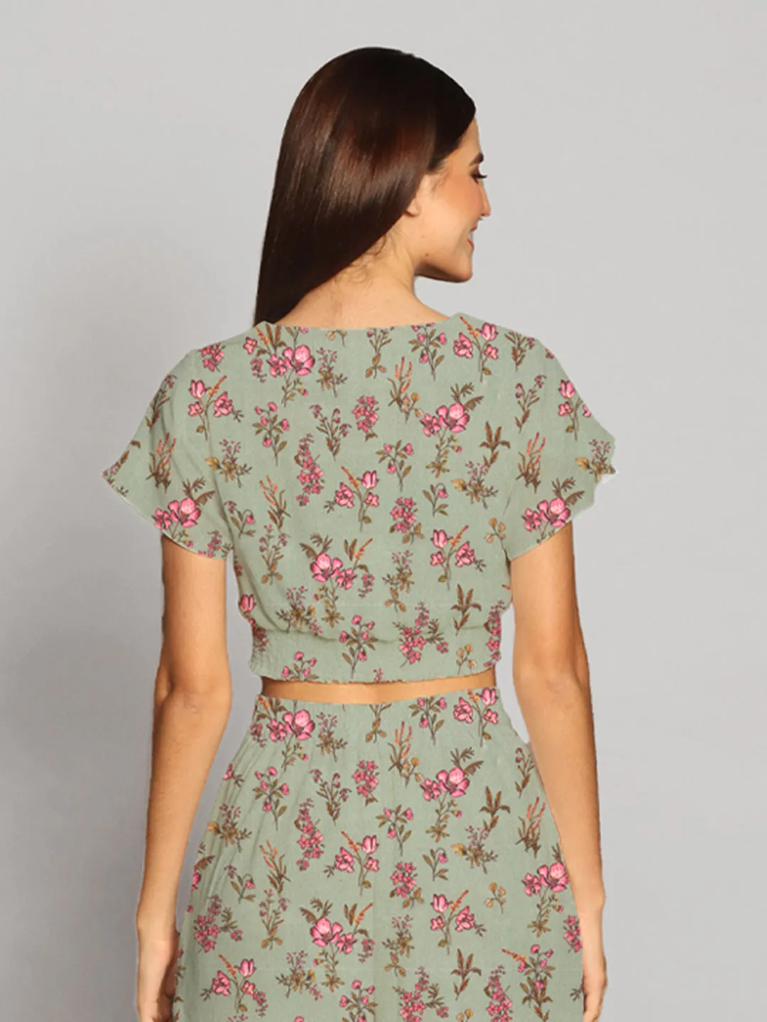 Mint Green Floral Print Tie-Up Crop Top