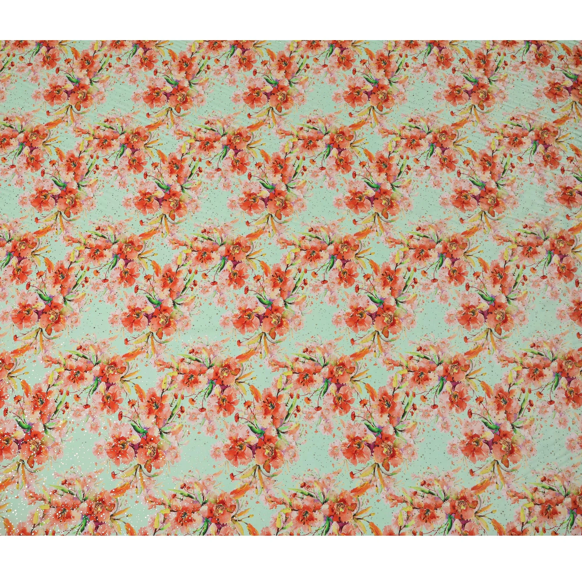 Mint Green Indian Viscose Crepe Fabric with Foil, Orange Floral Print, 110 cm Width-D20926