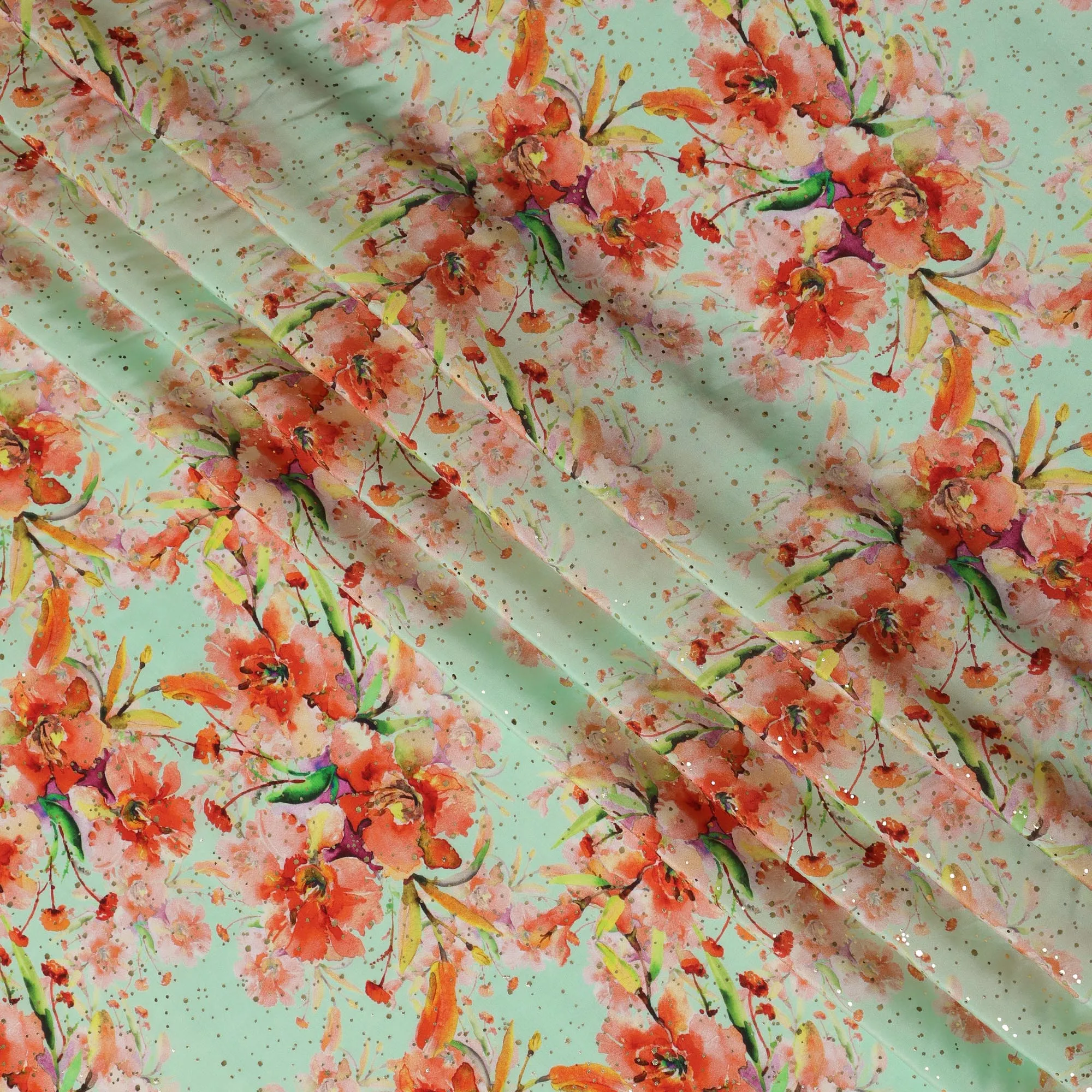 Mint Green Indian Viscose Crepe Fabric with Foil, Orange Floral Print, 110 cm Width-D20926