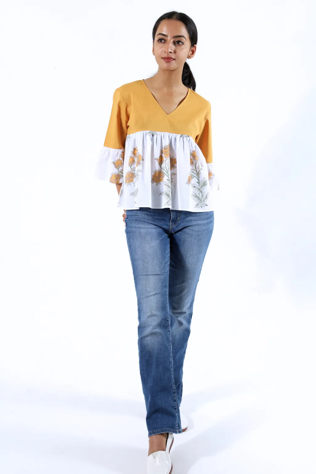 Mustard Flared Block Printed Top