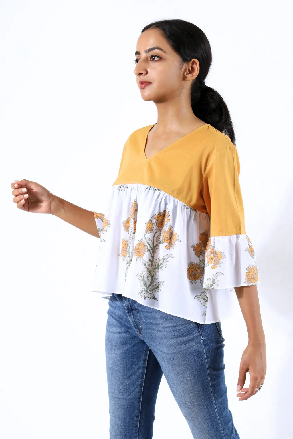 Mustard Flared Block Printed Top