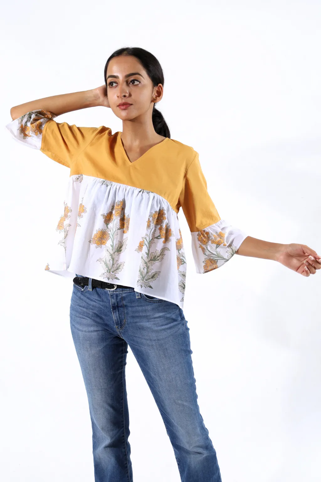 Mustard Flared Block Printed Top