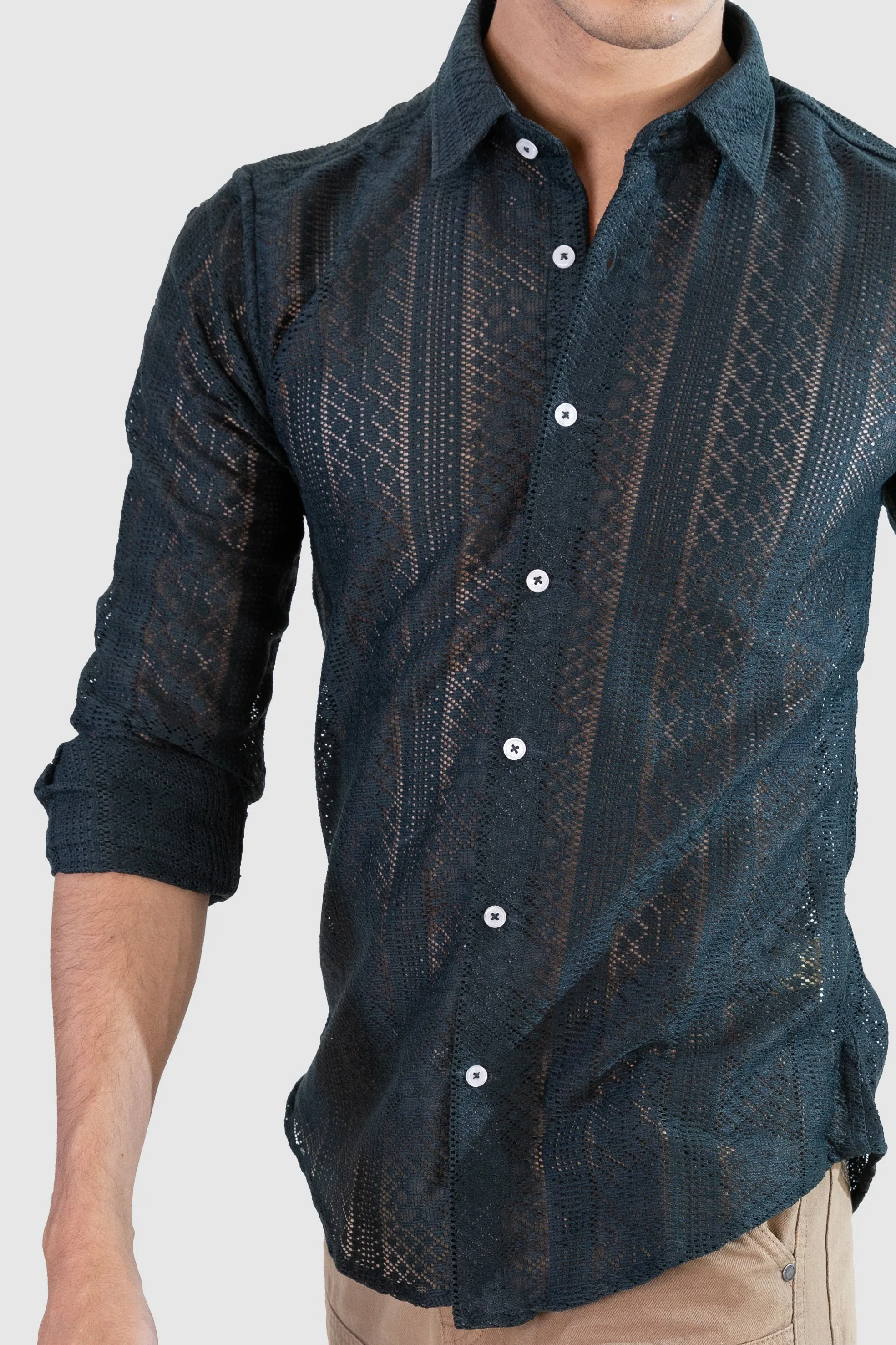 Net Weave Knitted Shirt - Emerald Green