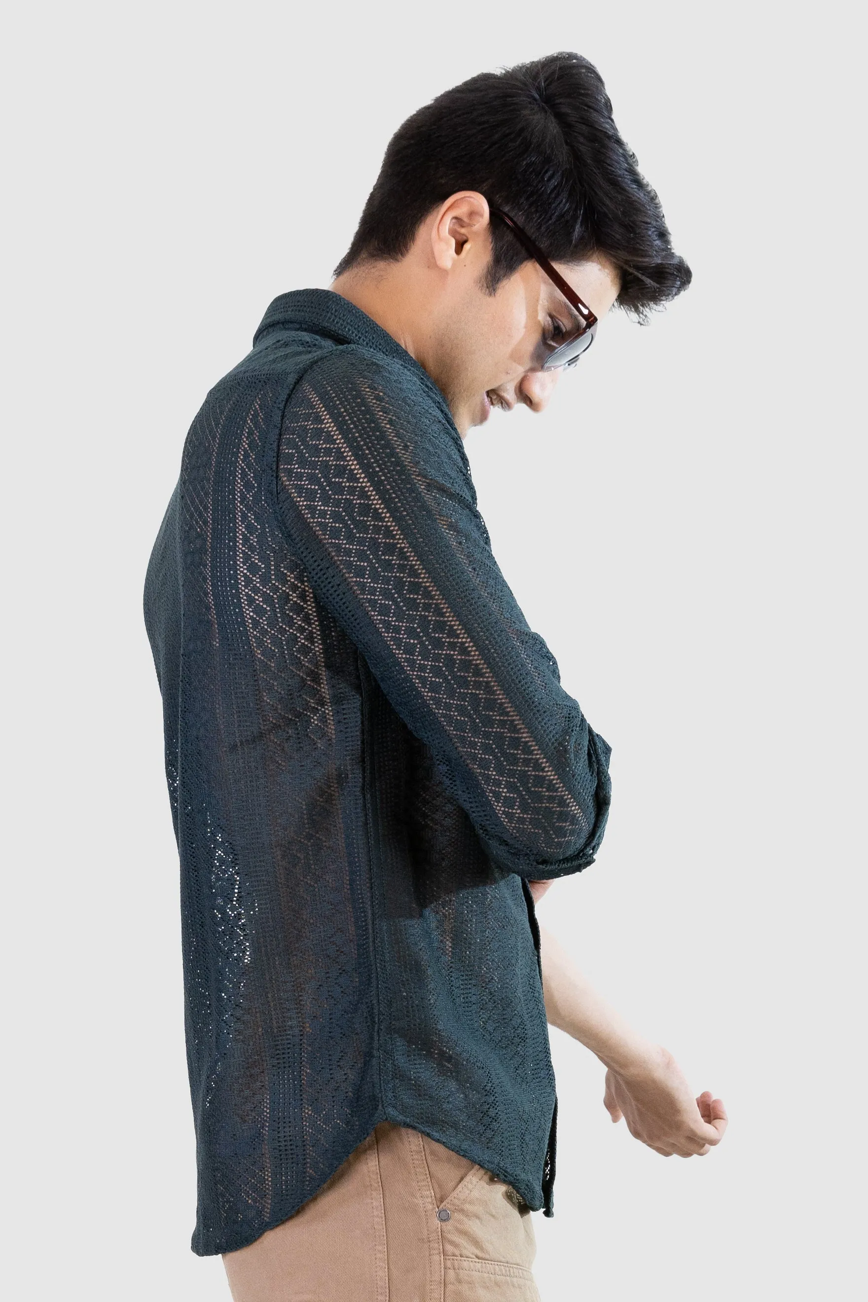 Net Weave Knitted Shirt - Emerald Green