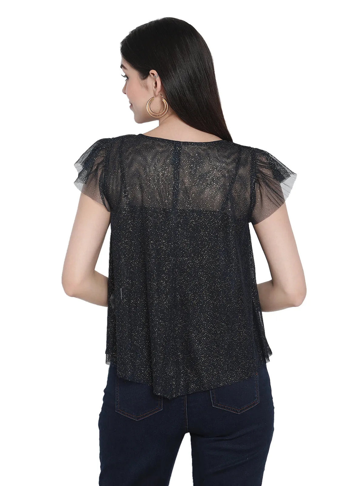 Porsorte Womens Polyester Mesh Sheer Navy Blue Top