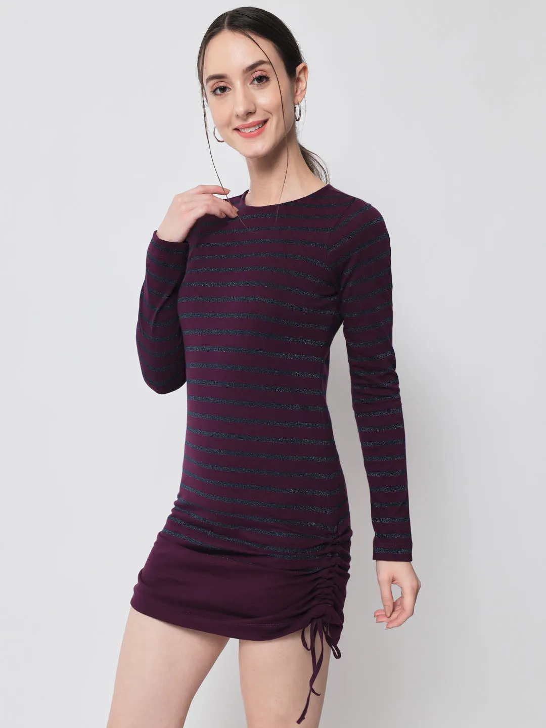 Purple & Grey Melange Striped Long Sleeves Bodycon Mini Cotton Dress