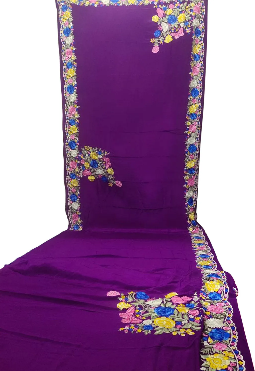 Purple Parsi Gara: Exquisite Hand-Embroidered Crepe Saree