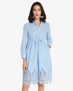 Rareism Women Bandalina Blue Cotton Fabric Full Sleeve Collared Neck Solid Longline Dress