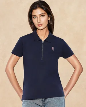 Rareism Women Laken Navy Cotton Lycra Fabric Short Sleeve Polo Collar Zipper Closure Plain Polo