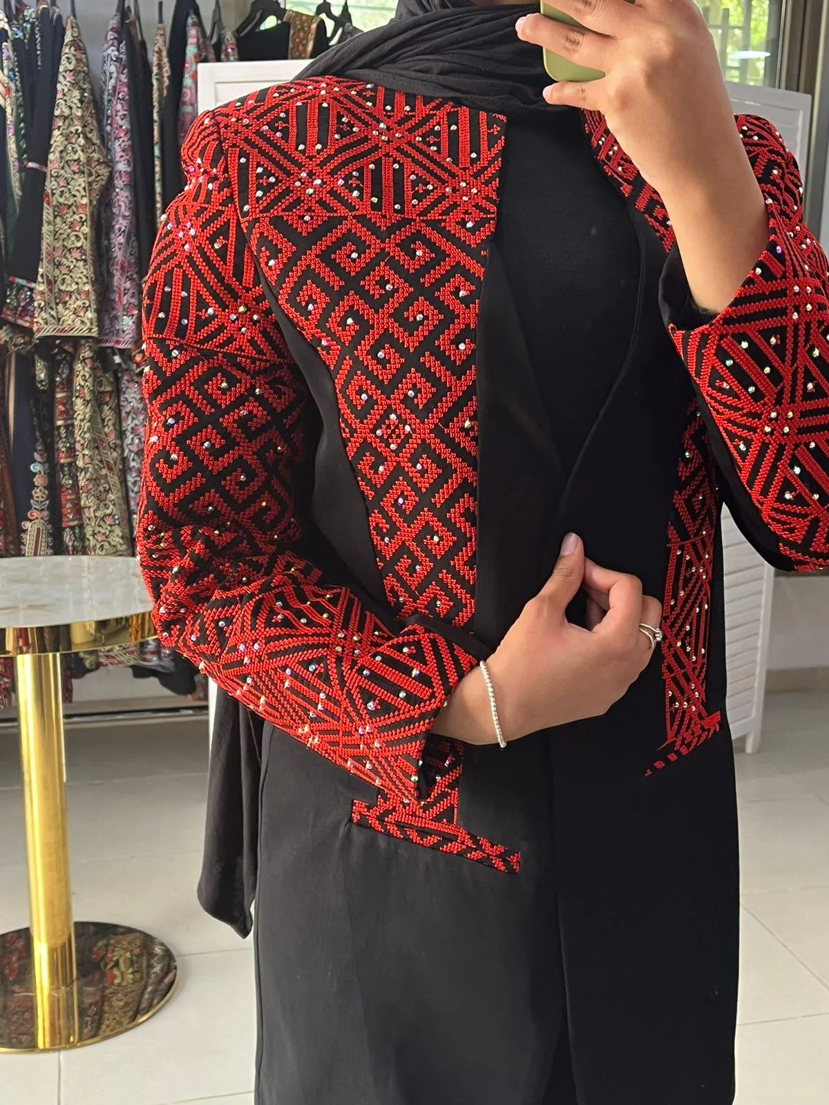 Red And Black Embroidered Jacket with Rhinestones