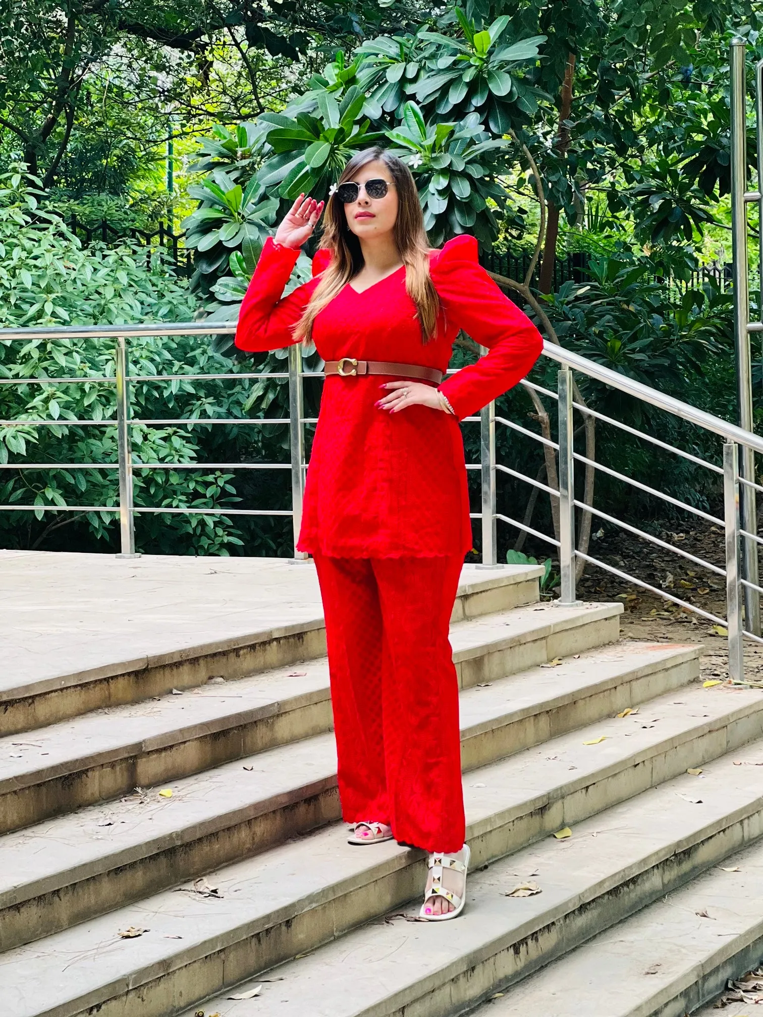 Red Chikankari Co-Ord Set