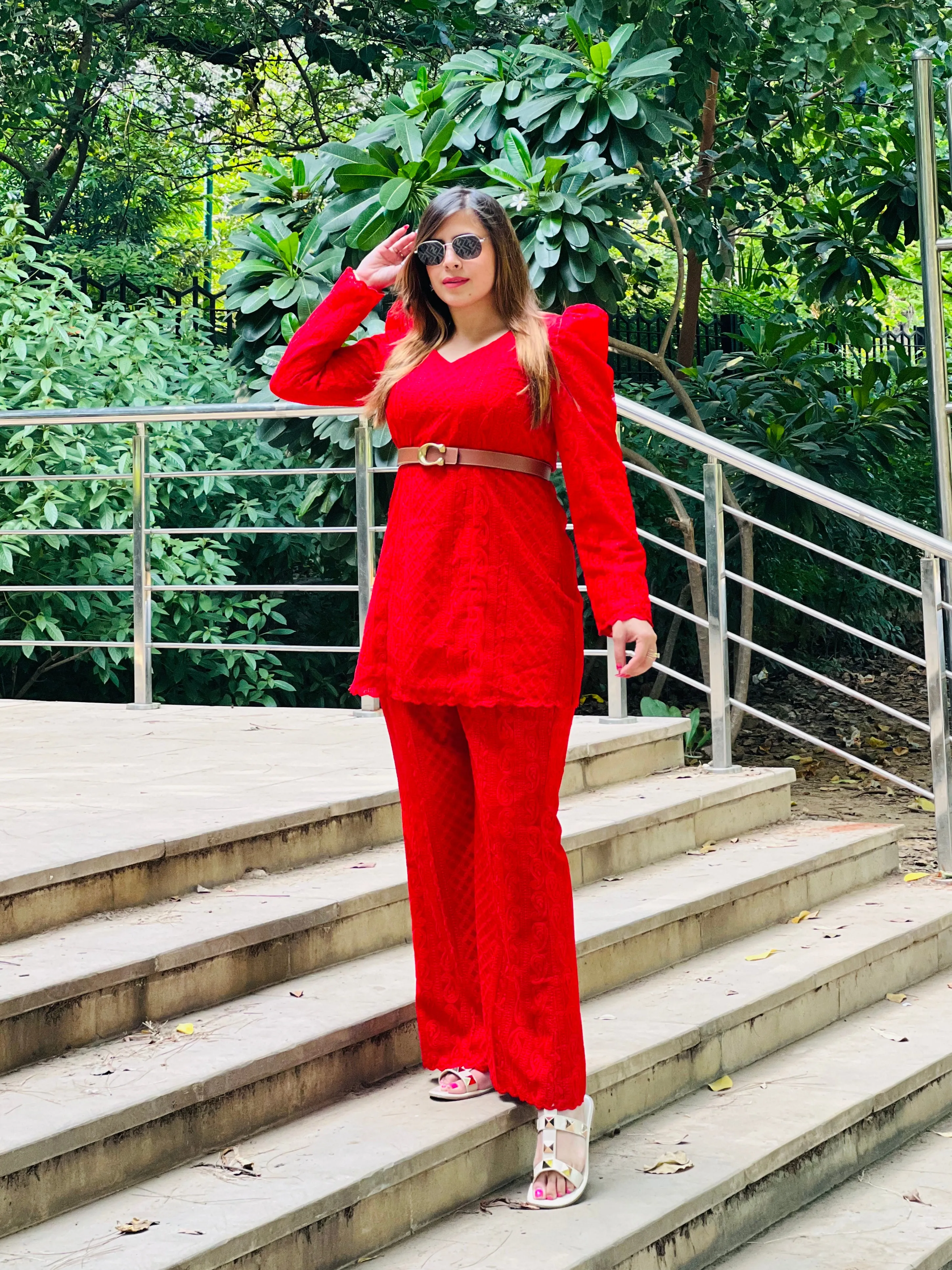 Red Chikankari Co-Ord Set