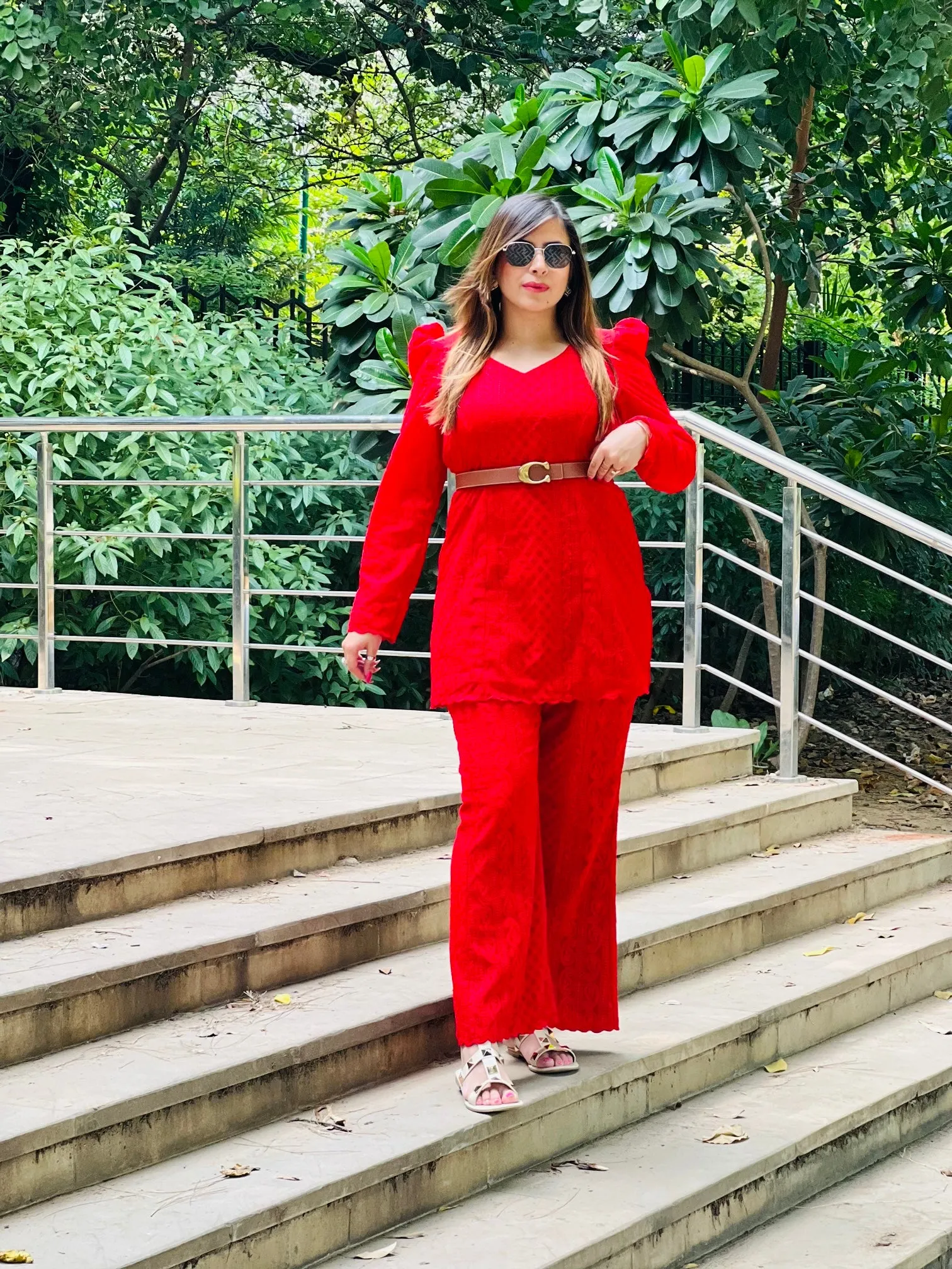 Red Chikankari Co-Ord Set