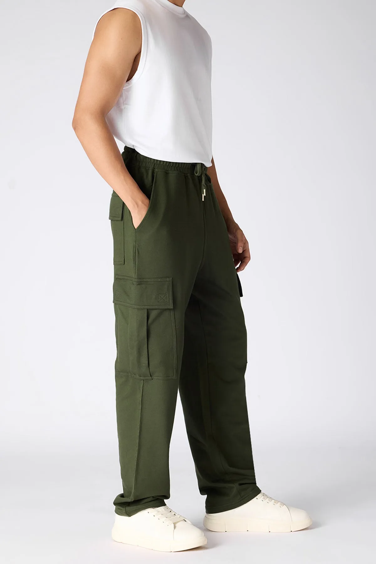 Relaxed Fit Cotton Knitted Men's Jogger Cargos - Bottle Green