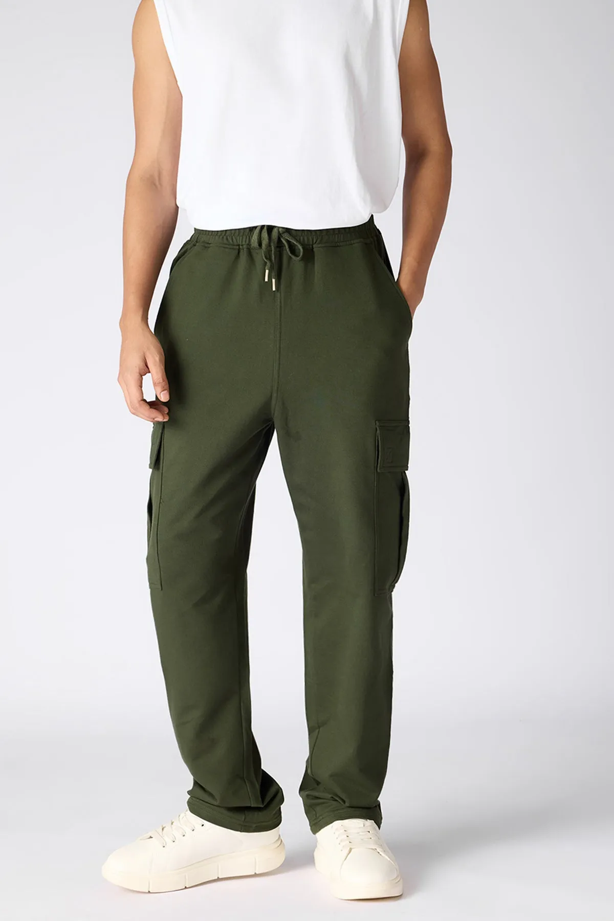 Relaxed Fit Cotton Knitted Men's Jogger Cargos - Bottle Green