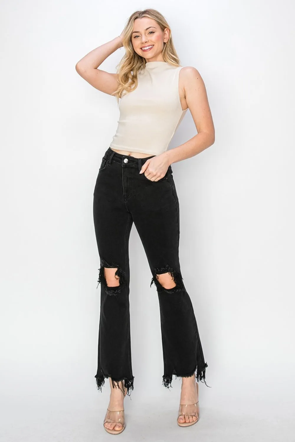 RISEN Distressed Raw Hem Jeans with Pockets | TrendPop-Creations