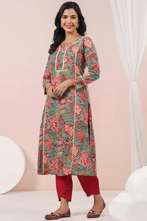 Shuddhi  Green And Red Cotton Semi Aline