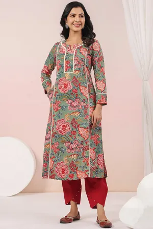 Shuddhi  Green And Red Cotton Semi Aline