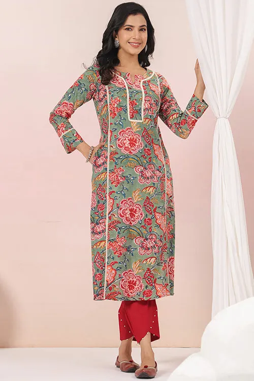 Shuddhi  Green And Red Cotton Semi Aline