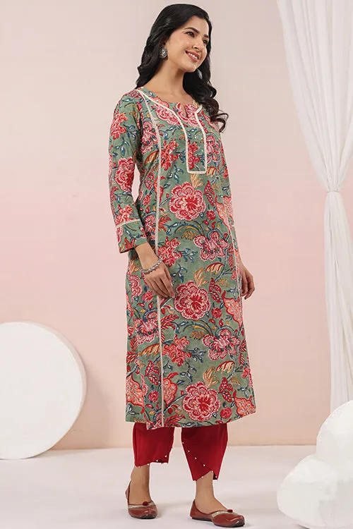 Shuddhi  Green And Red Cotton Semi Aline