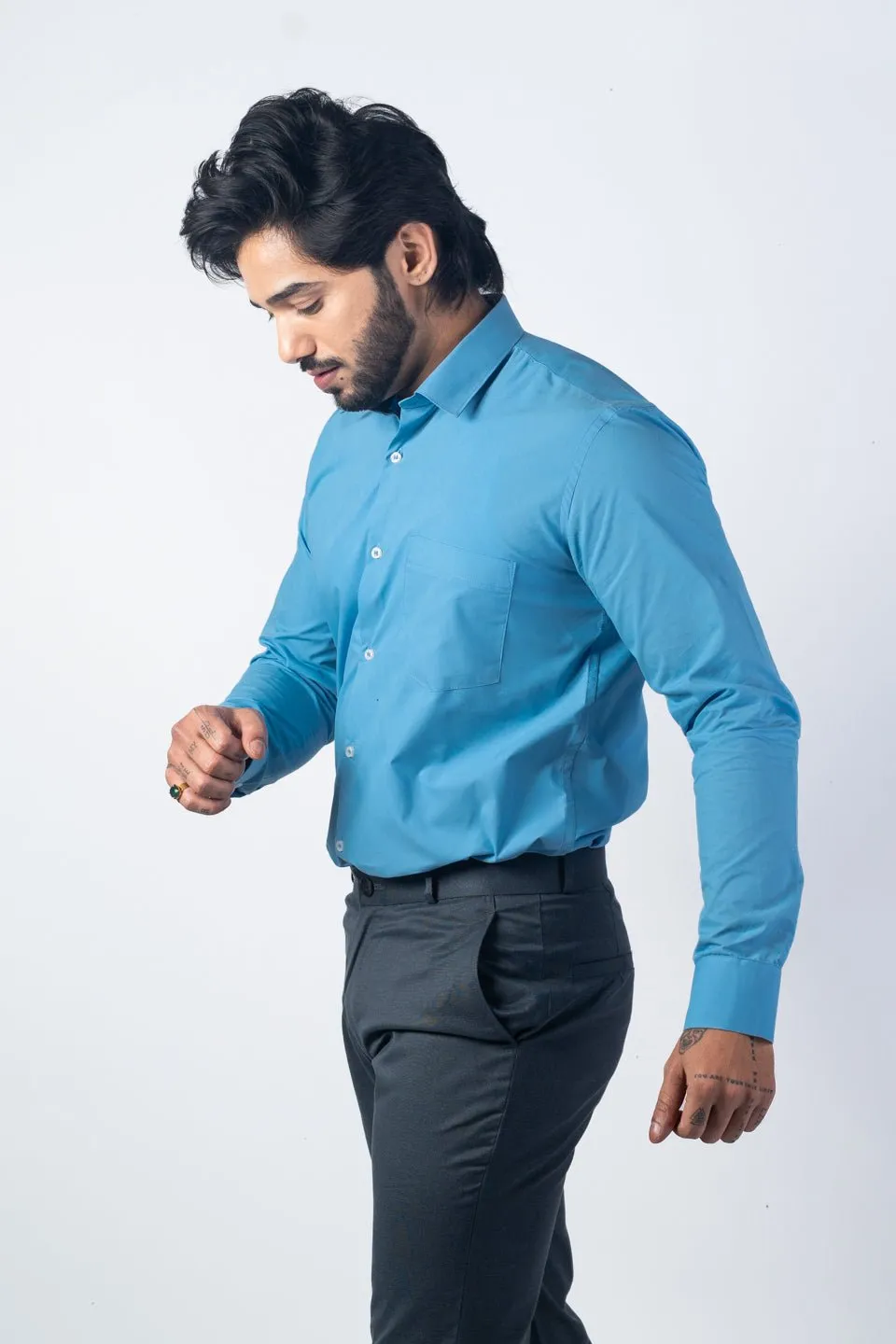 Sky Blue Color Lycra Twill Cotton Shirt For Men