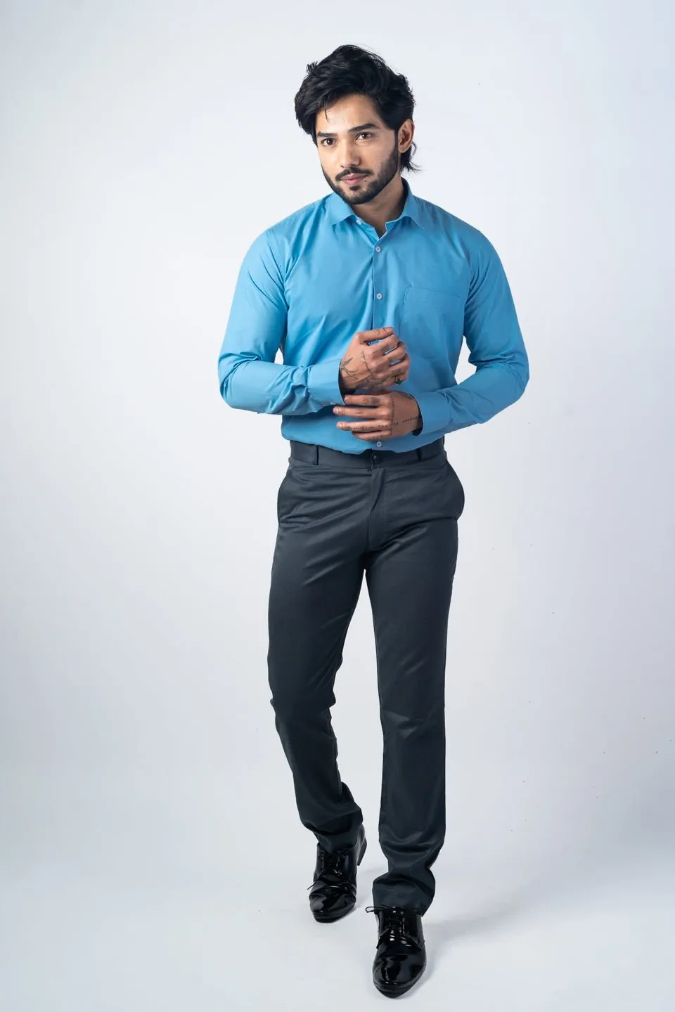 Sky Blue Color Lycra Twill Cotton Shirt For Men