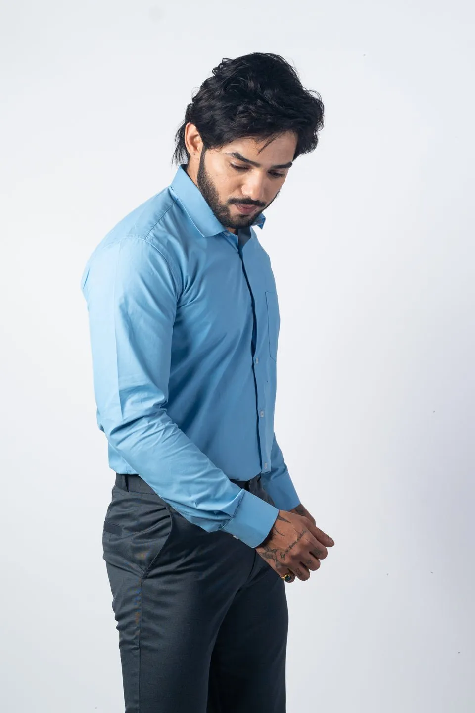 Sky Blue Color Lycra Twill Cotton Shirt For Men