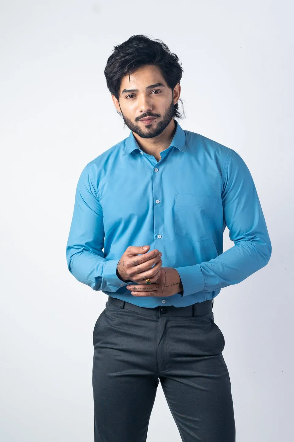 Sky Blue Color Lycra Twill Cotton Shirt For Men