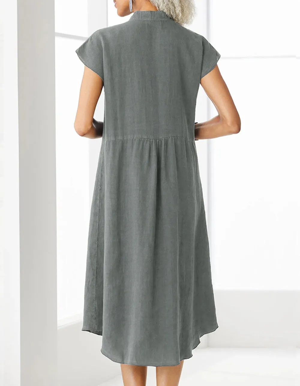 Solid-color Stand Collar Button Cotton Linen Pocket Long A-Line Dresses