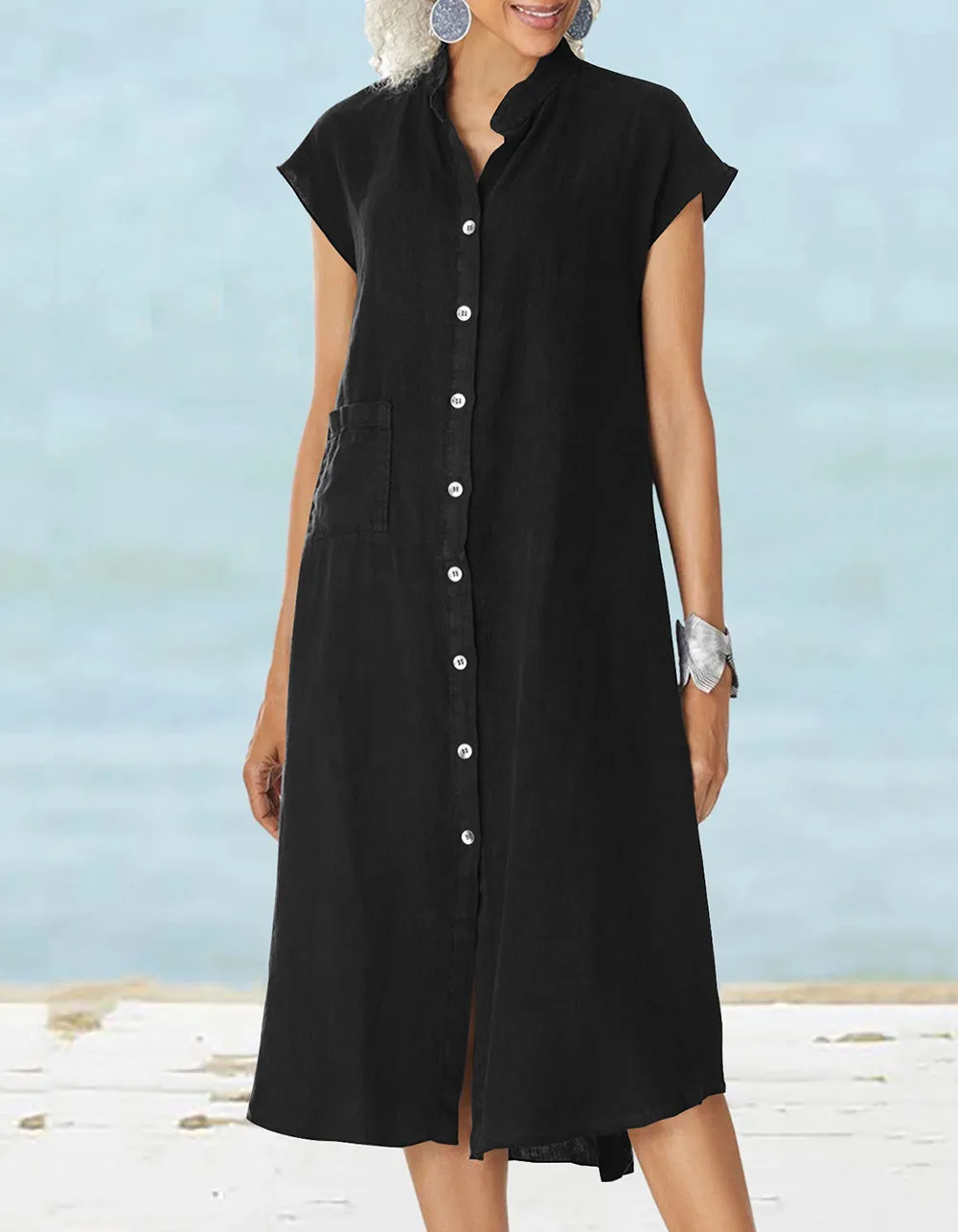 Solid-color Stand Collar Button Cotton Linen Pocket Long A-Line Dresses