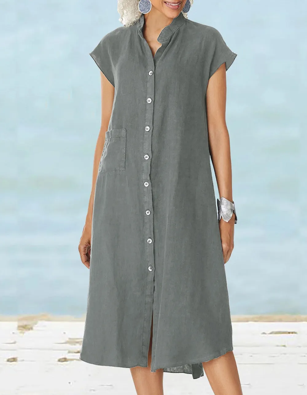 Solid-color Stand Collar Button Cotton Linen Pocket Long A-Line Dresses