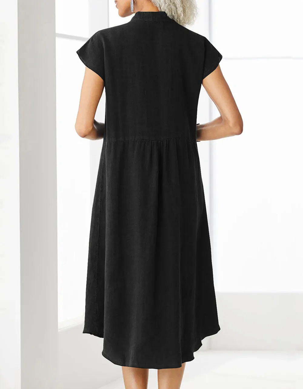 Solid-color Stand Collar Button Cotton Linen Pocket Long A-Line Dresses